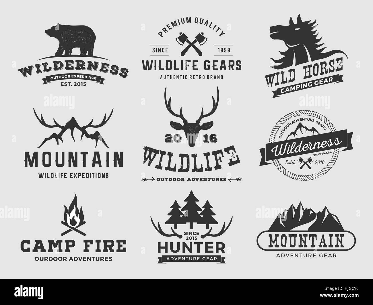 Set of outdoor wilderness adventure and mountain badge logo, emblem logo, label design | Vector illustration resize-able and free font used Stock Vector