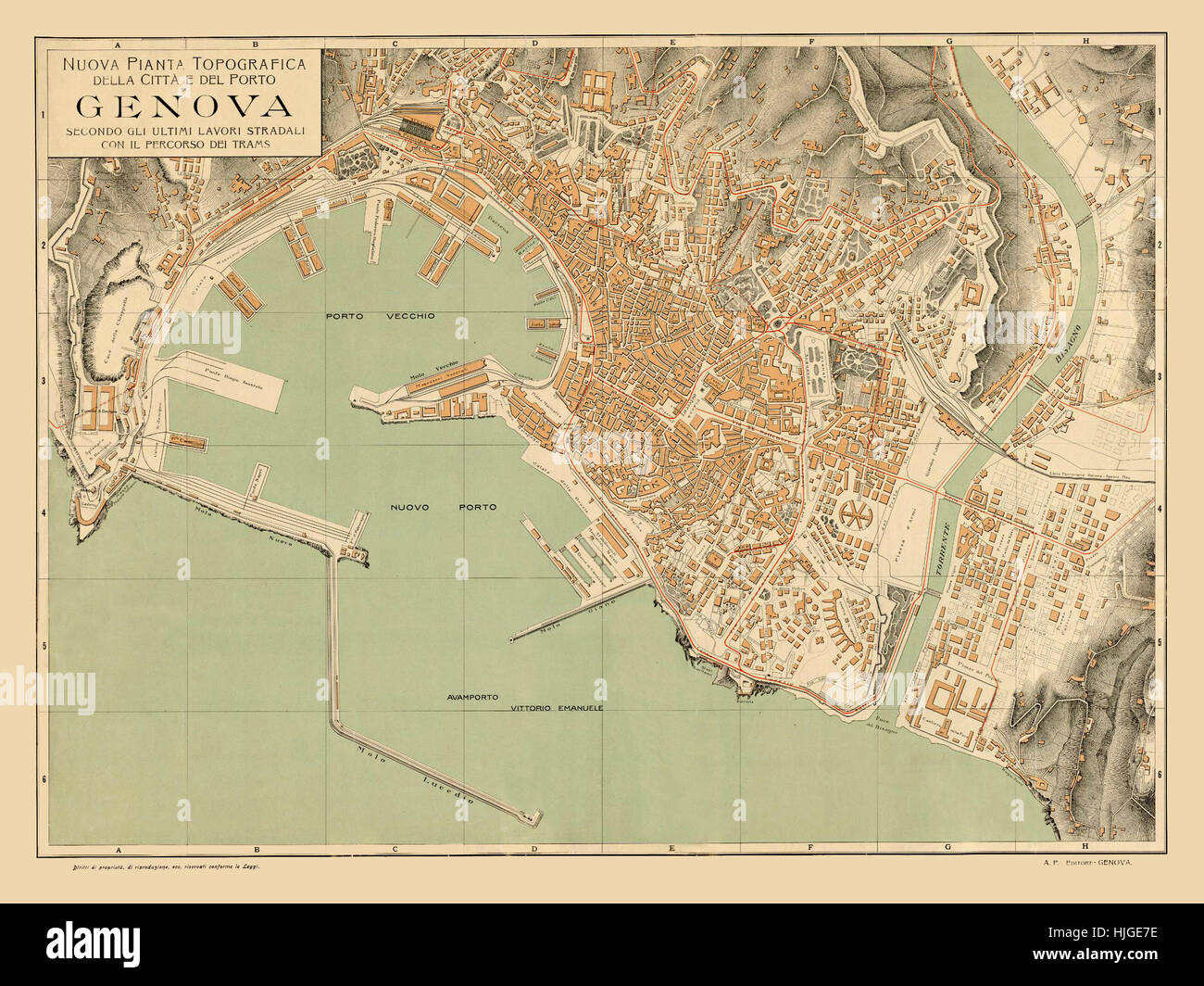GENOVA GENOA town city plan piano urbanistico Gênes Italy mappa 1911 old 