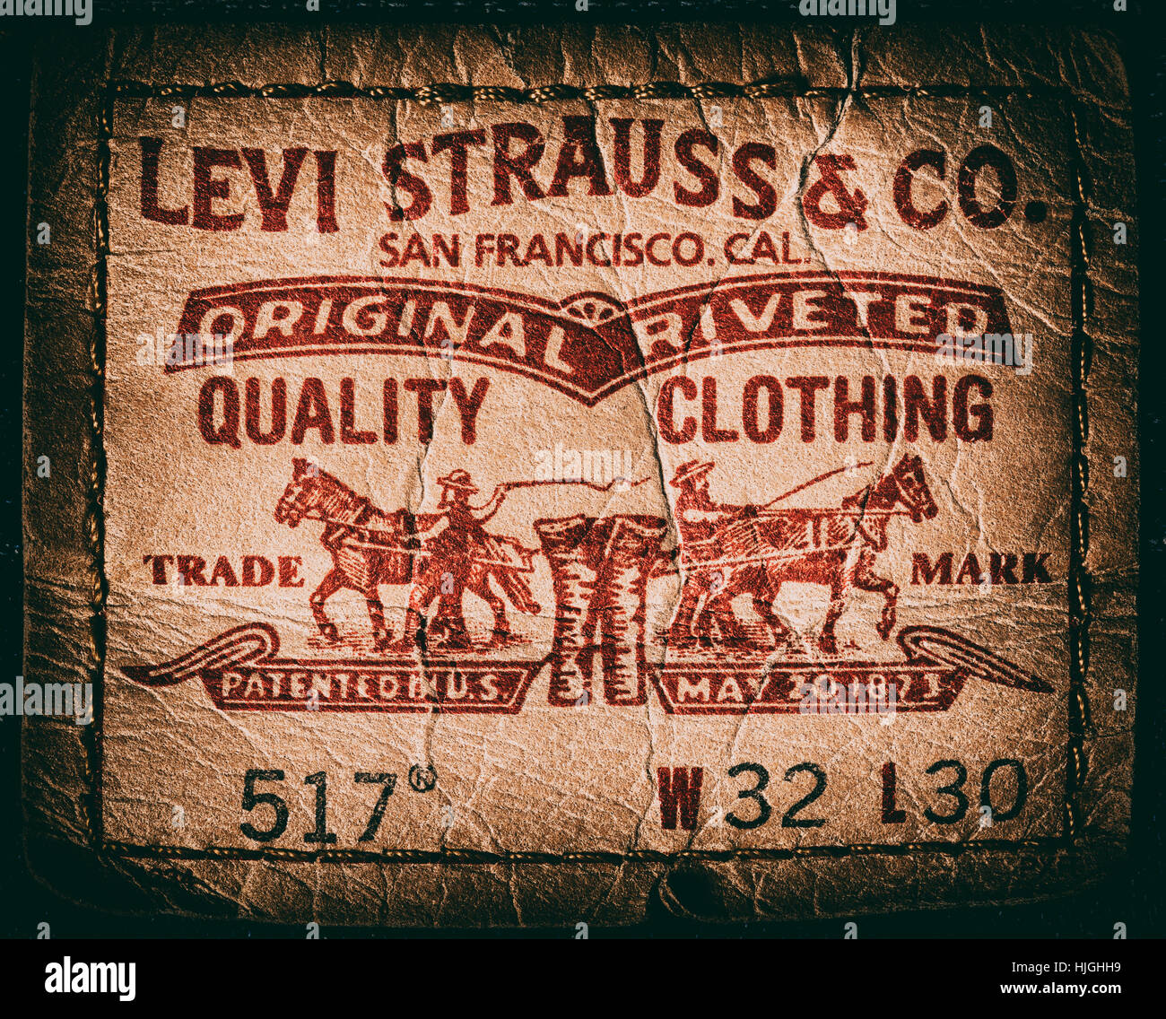 LEVI'S leather label on the blue jeans Stock Photo