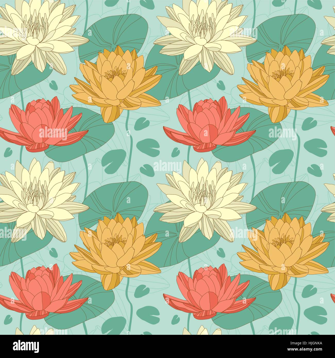 Lotus and water lily flowers in seamless pattern. Vector Stock Vector