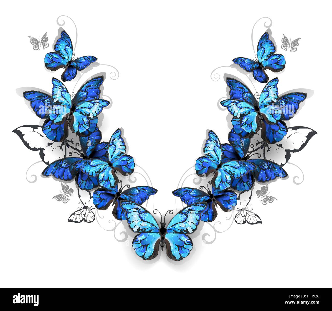 Symmetrical pattern of blue, realistic morfid butterflies on a white background. Design with butterflies. Morpho. Design with blue butterflies morpho. Stock Vector