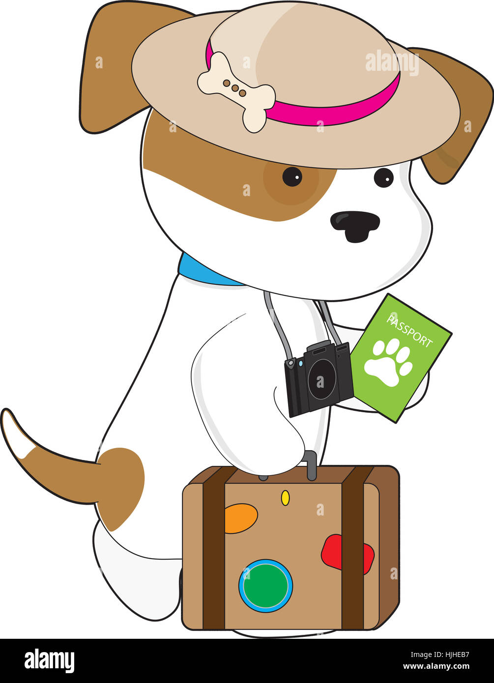 A cute puppy carrying passport, luggage and camera is heading off to its destination. Stock Photo