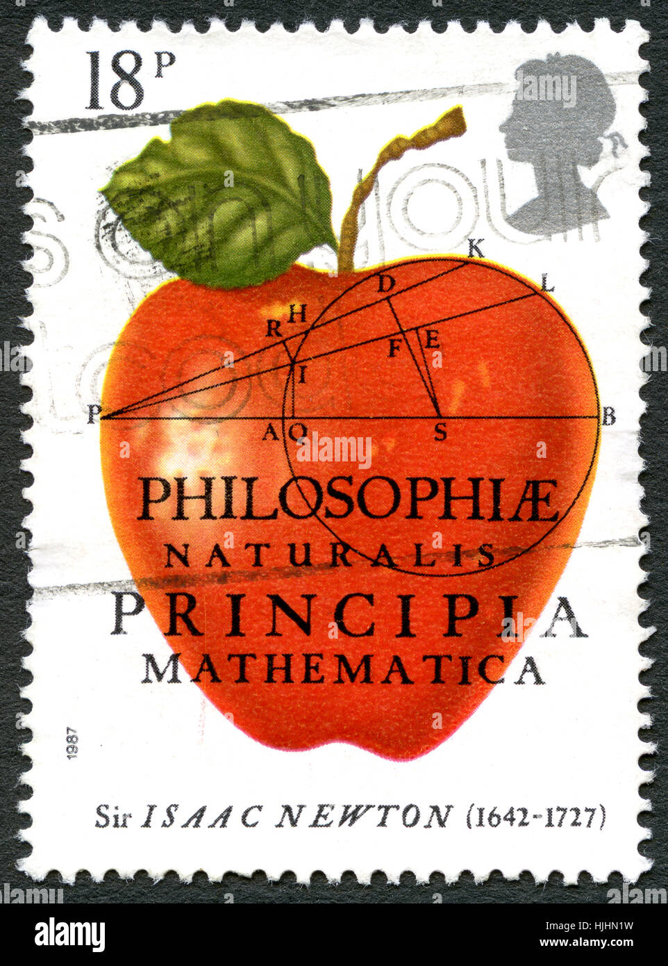 GREAT BRITAIN - CIRCA 1987: A used postage stamp from the UK, celebrating the 300th Anniversary of the first publication of The Principia Mathematica Stock Photo