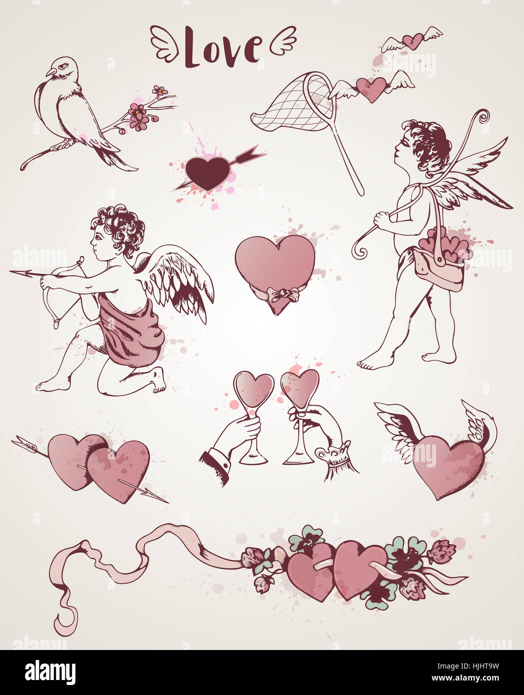 Set of hand drawn vintage design elements for Valentine's day Stock ...