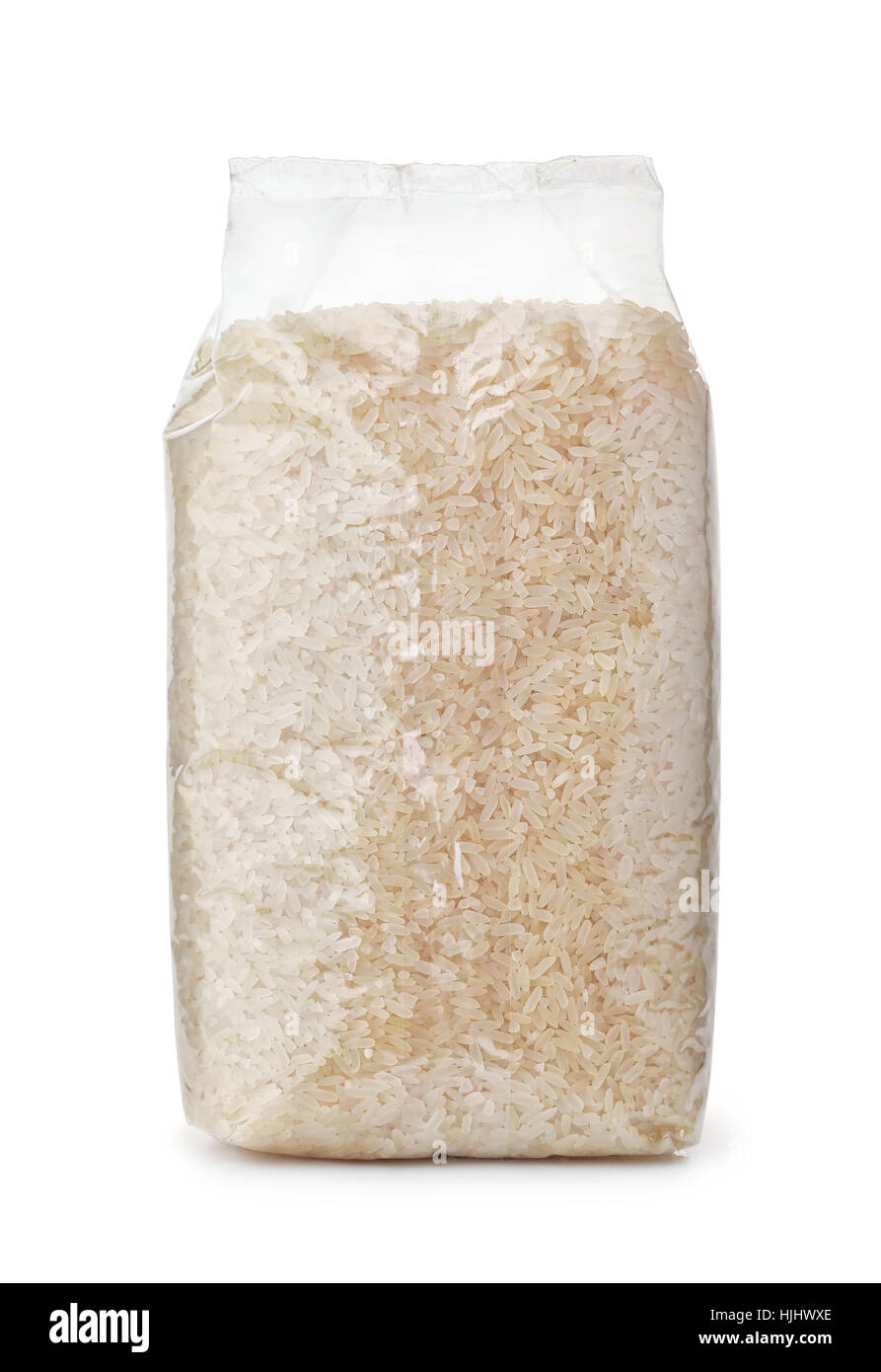 Plastic bag of dry long rice isolated on white Stock Photo