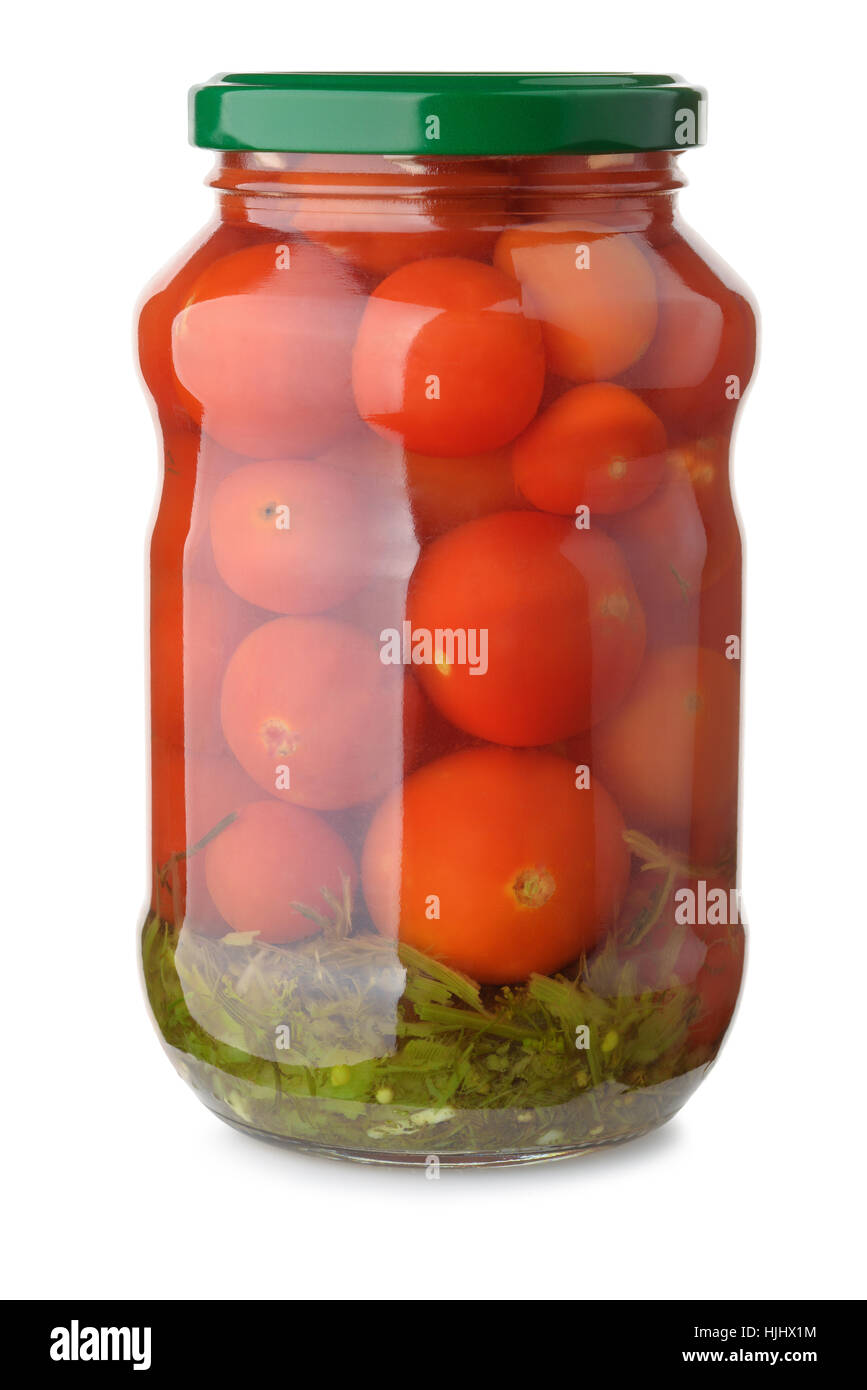 Jar of pickled tomatoes isolated on white Stock Photo