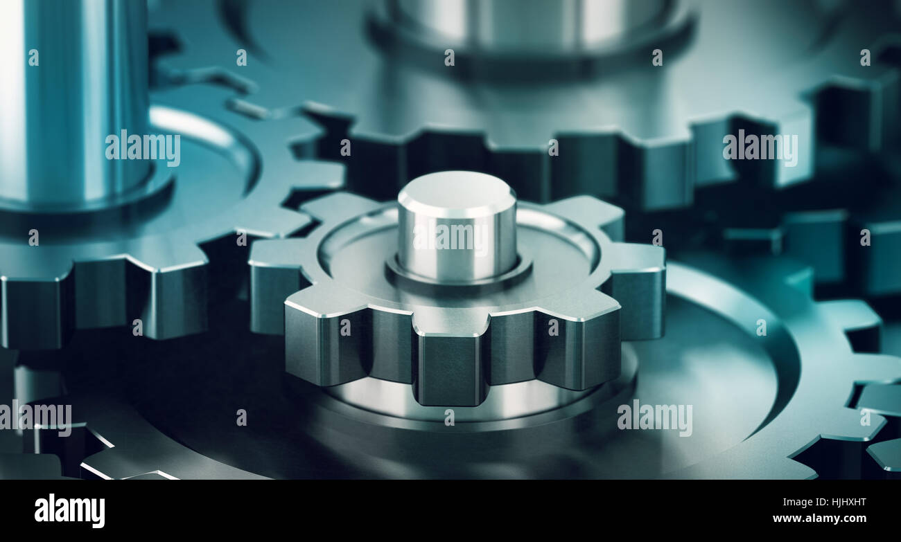 3D illustration of many gears working together with blur effect. Teamwork concept, horizontal image Stock Photo