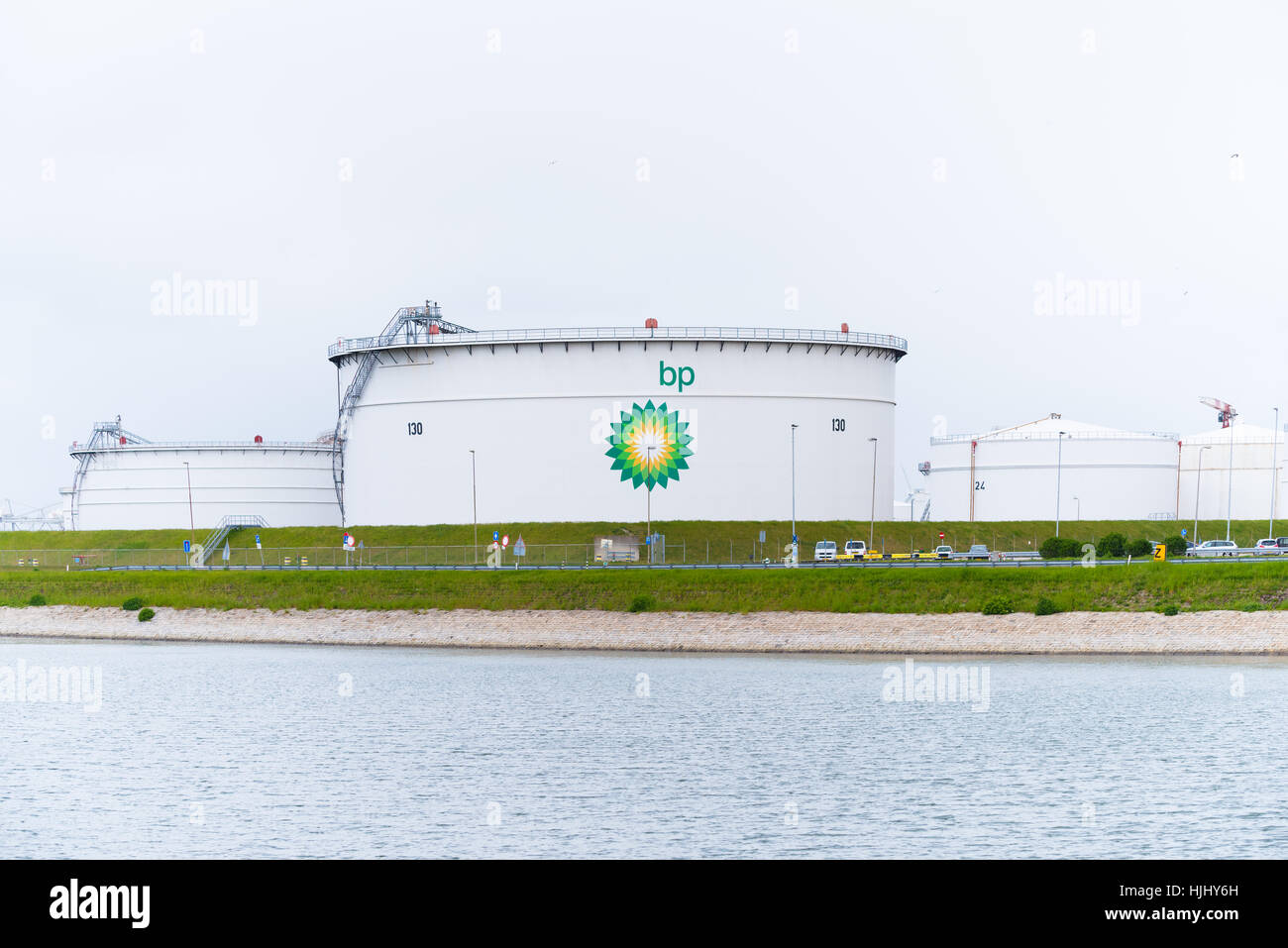ROTTERDAM, NETHERLANDS - MAY 14, 2016: large BP oil tanks in the rotterdam harbor area. Stock Photo