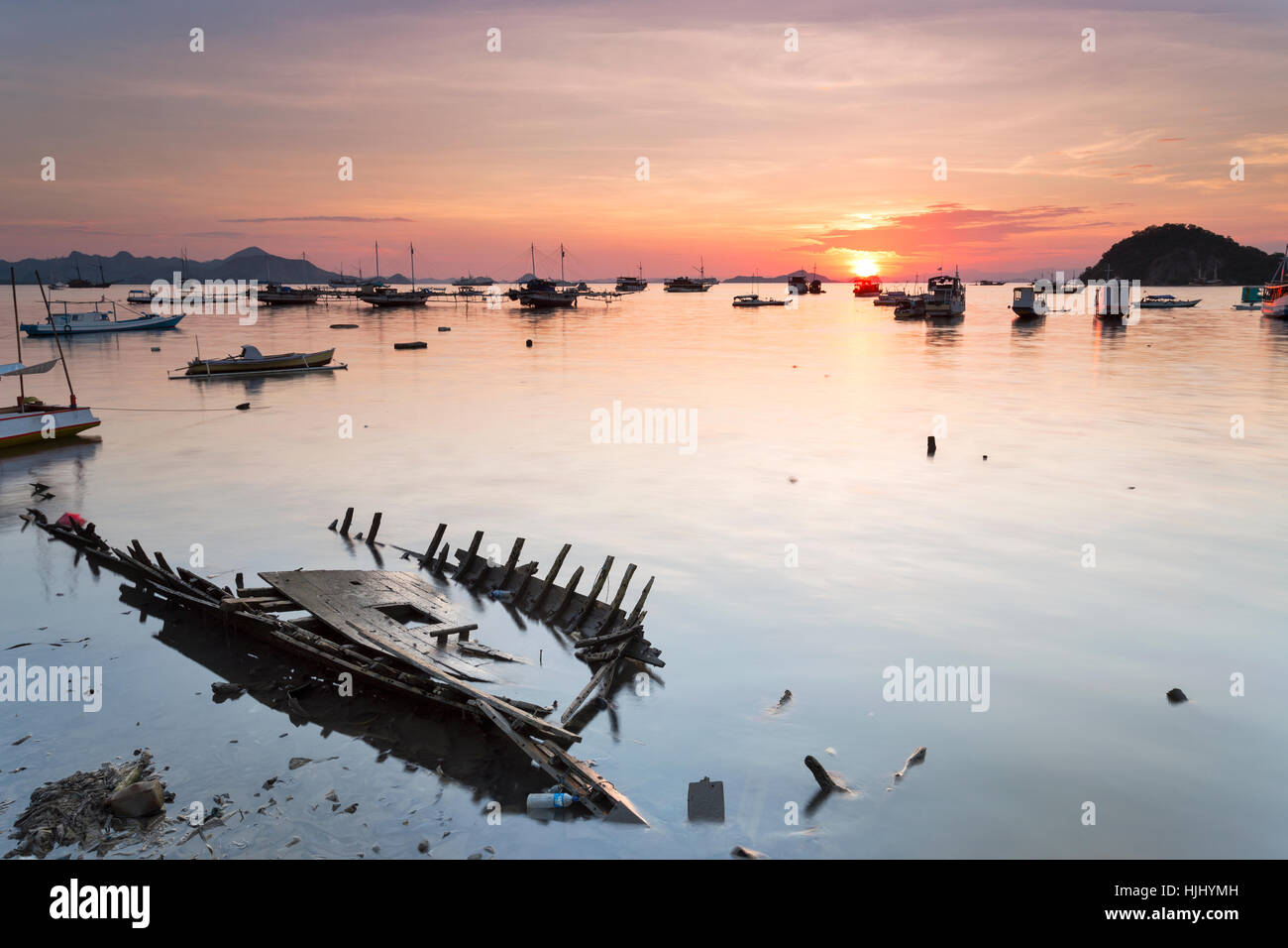 Indonesia, Nusa Tenggara Timur, Labuan Bajo, port at twilight Stock Photo