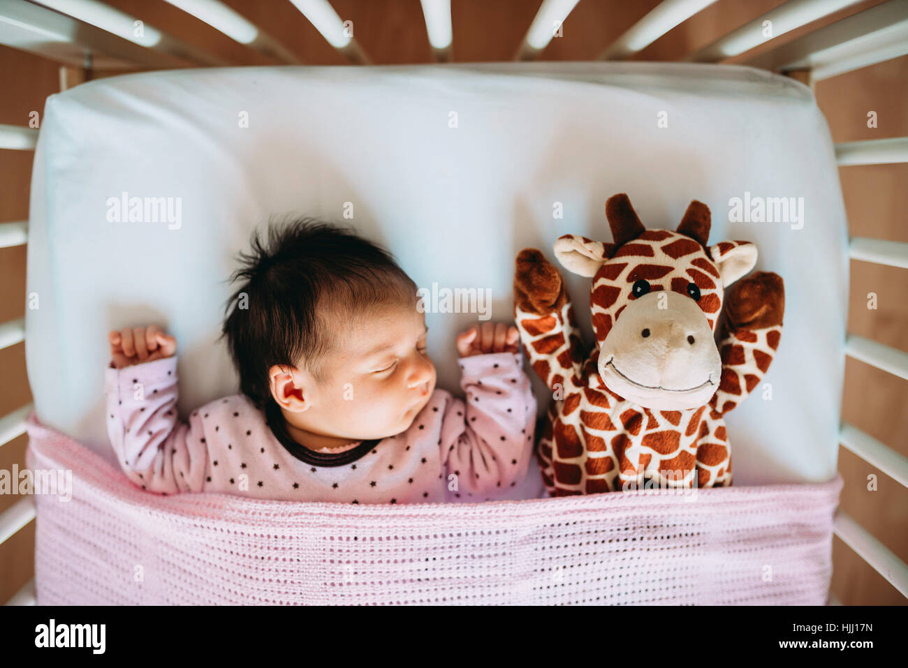 Newborn baby girl sleeping in crib with a plush giraffe Stock Photo