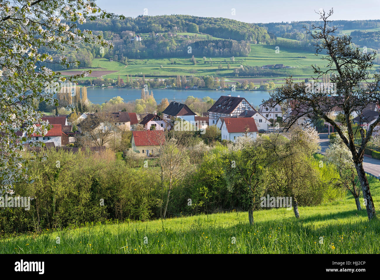 Germany, Oehningen, view to the village with Untersee in the background Stock Photo