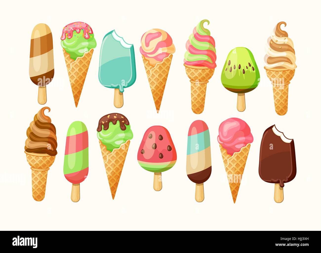 Ice cream collection of 14 items, vector illustration. Stock Vector