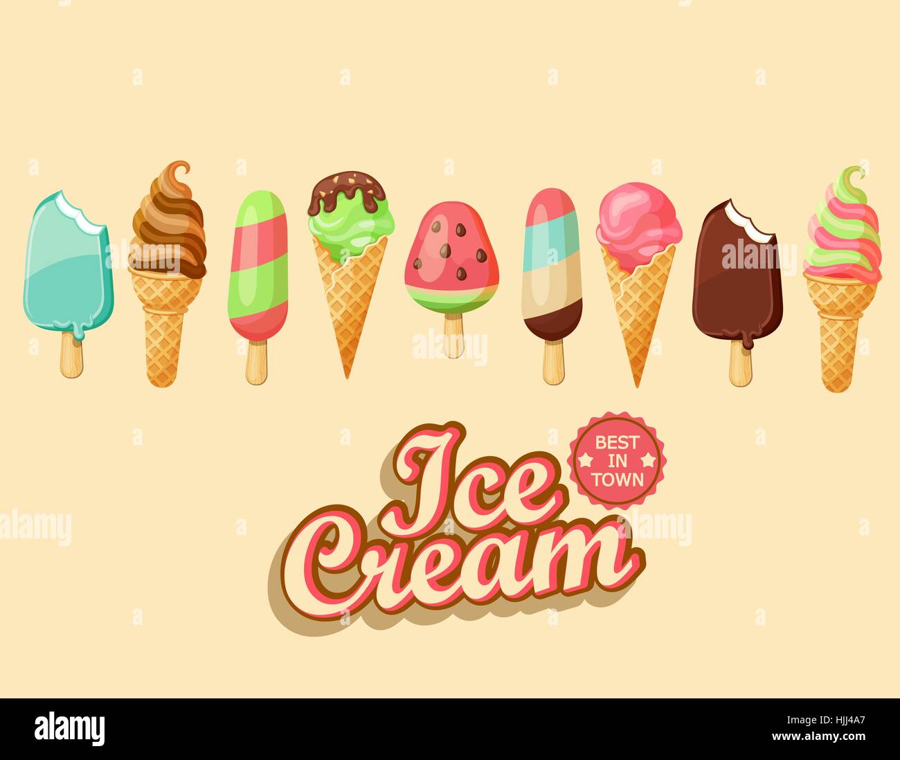 Ice cream collection of nine items, vector illustration. Stock Vector
