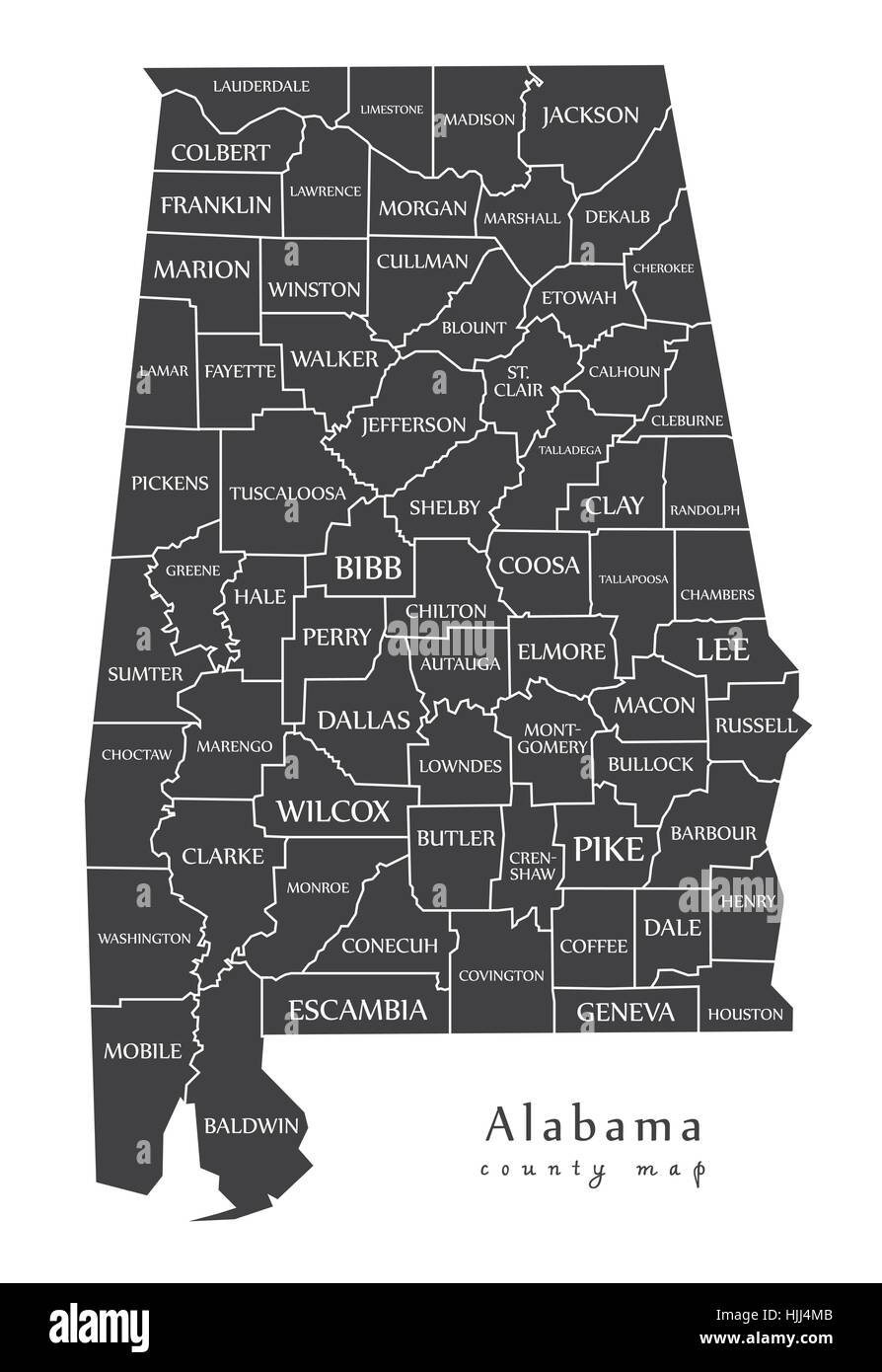 Modern Map - Alabama county map with labels USA silhouette illustration Stock Vector