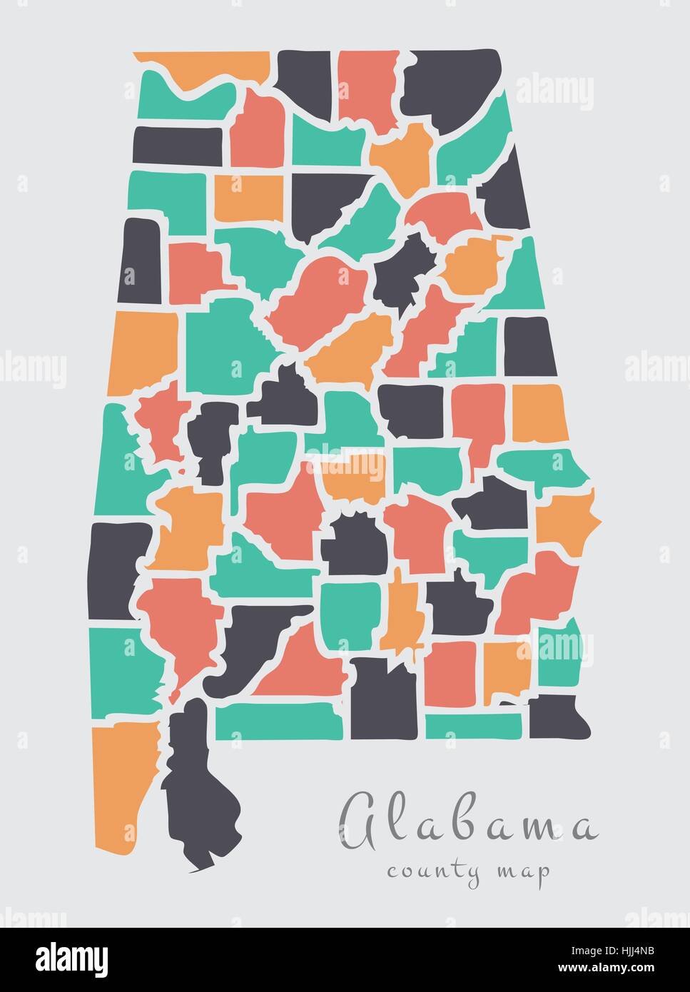 Modern Map - Alabama county map USA round shape illustration Stock Vector