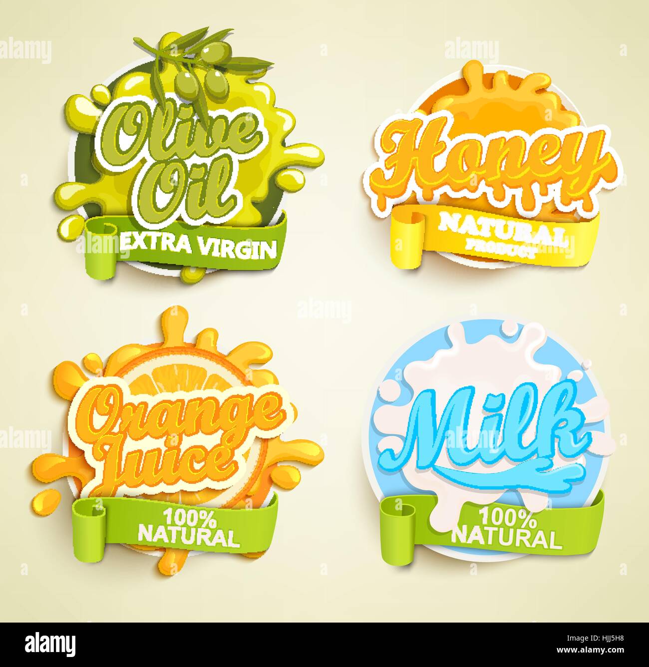 Set of orange juice, olive oil, honey, lime labels splash. Lettering