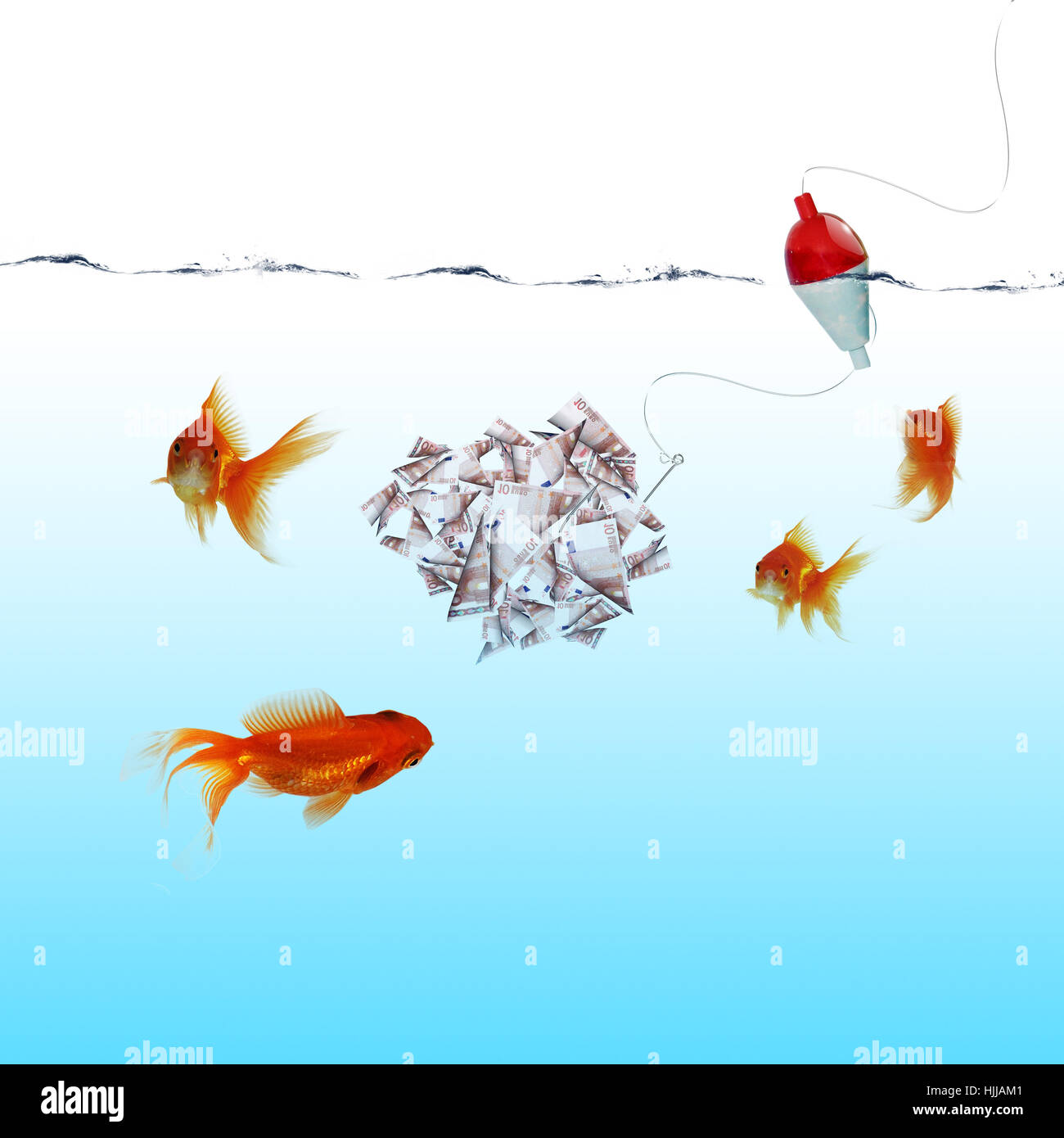 Fish Signification Money Collage of swimming gold fish and money symbols Stock Photo - Alamy