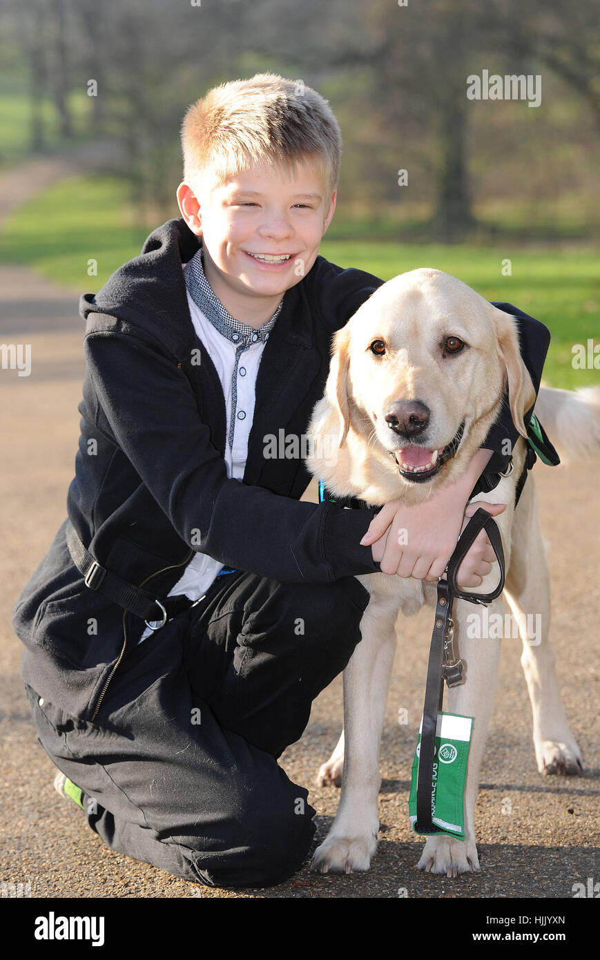 Joel Sawyer, 13, from Newquay, Cornwall, with Caddie, his Labrador
