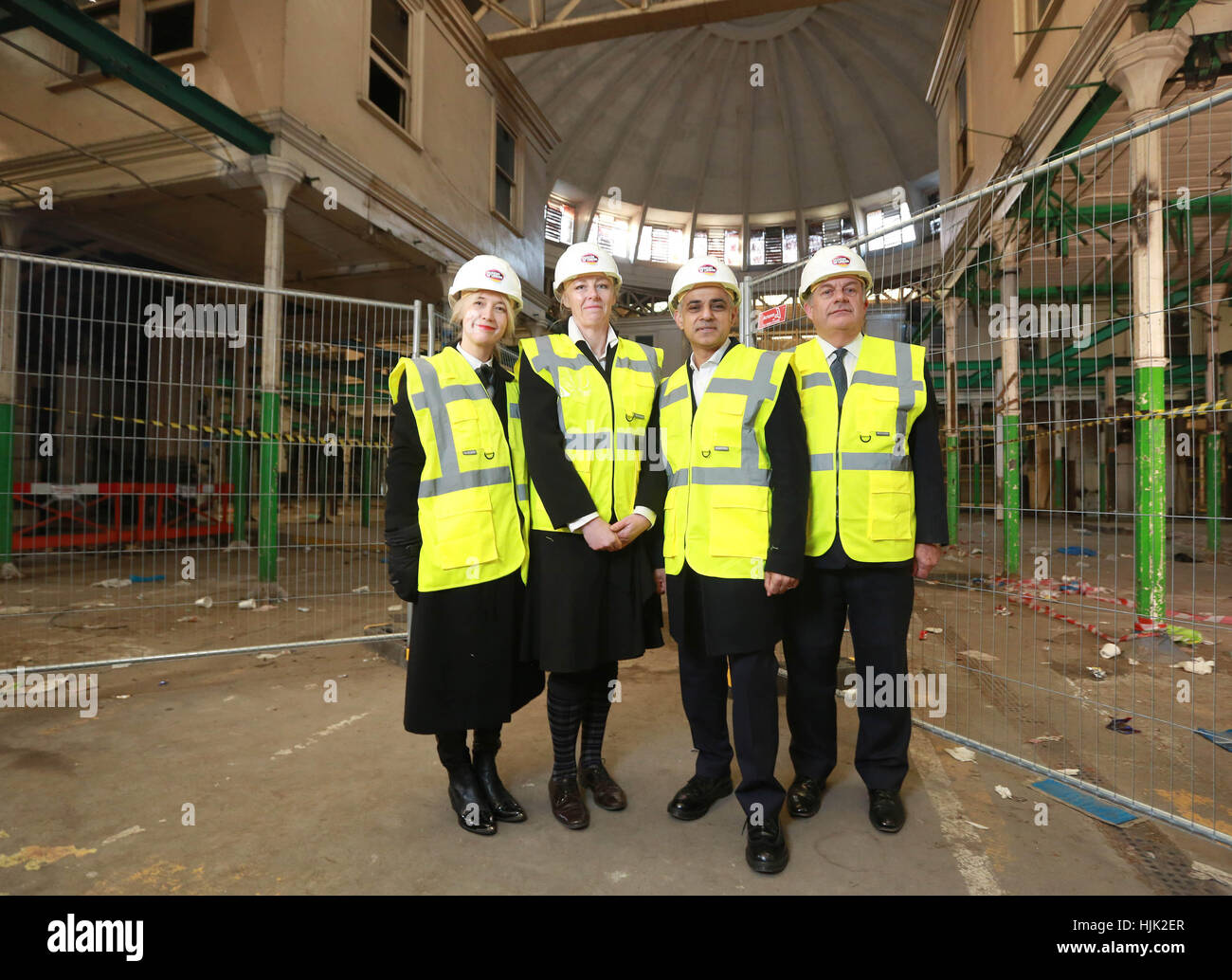 EDITORIAL USE ONLY (Left to right) Justine Simons, Deputy Mayor for Culture and the Creative Industries, Sharon Ament, Director of the Museum of London, Mayor of London Sadiq Khan and Mark Boleat, Chairman of the Policy and Resources Committee at the City of London Corporation, visit Smithfield General Market. Plans for a new Museum of London at West Smithfield have been given a major boost thanks to support from the City of London Corporation and the Mayor, who have pledged &pound;110 million and &pound;70 million respectively. Stock Photo