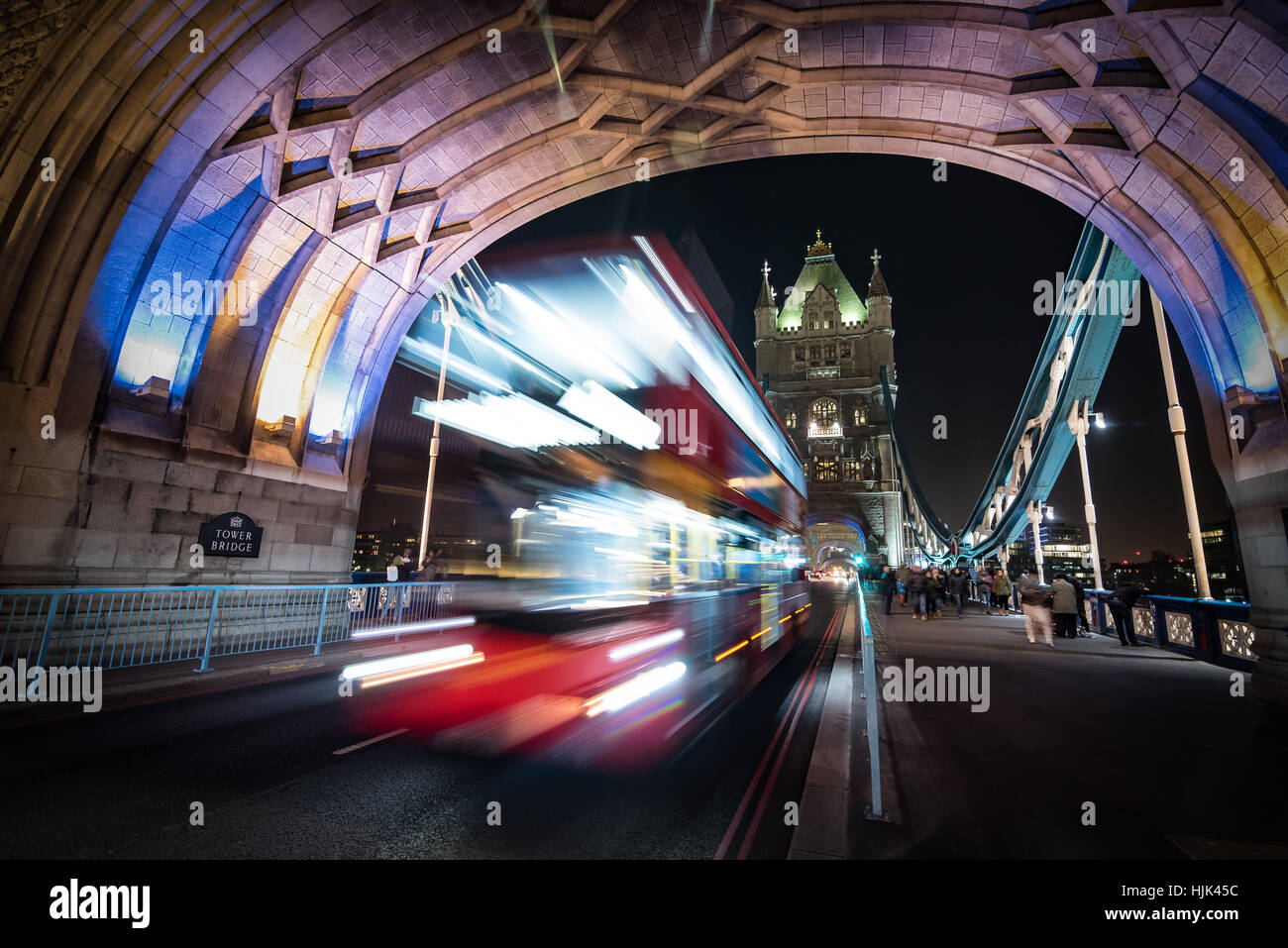 Night view at London Bus, double decker and Tower Bridge Stock Photo