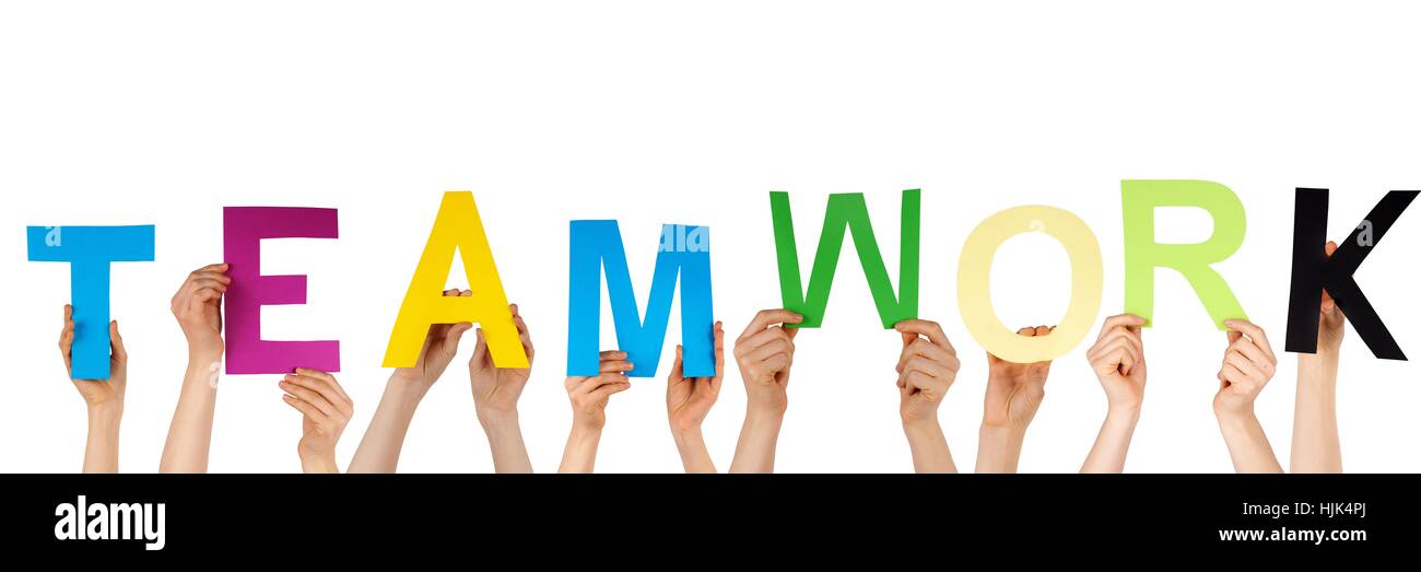 many hands hold the word TEAMWORK, isolated Stock Photo - Alamy