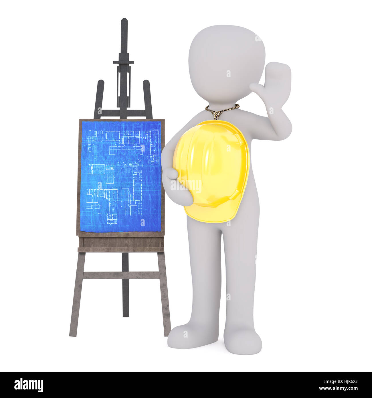3d Rendering of Cartoon Character Wearing Tie and Holding Yellow Hard Hat with Hand Cupping Ear to Hear Better While Standing Beside Blueprints on Eas Stock Photo