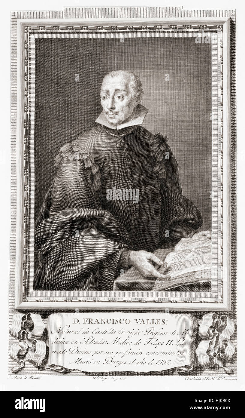 Francisco Vallés aka Divino Vallés,  1524 – 1592.  Spanish physician.  After an etching in Retratos de Los Españoles Ilustres, published Madrid, 1791 Stock Photo