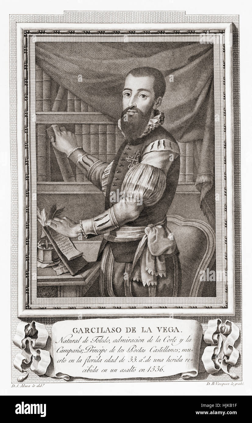 Garcilaso de la Vega, c. 1501 – 1536.  Spanish soldier and poet.  After an etching in Retratos de Los Españoles Ilustres, published Madrid, 1791 Stock Photo