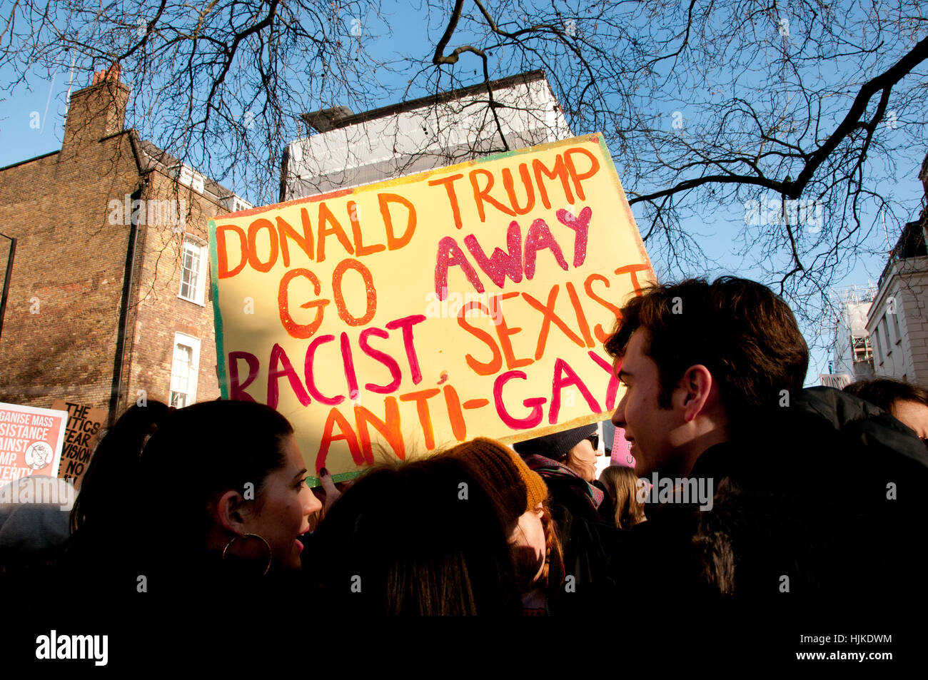 Women's anti-Trump march, London. Placard saying 'Donald Trump go away, racist, sexist, anti-gay'. Stock Photo