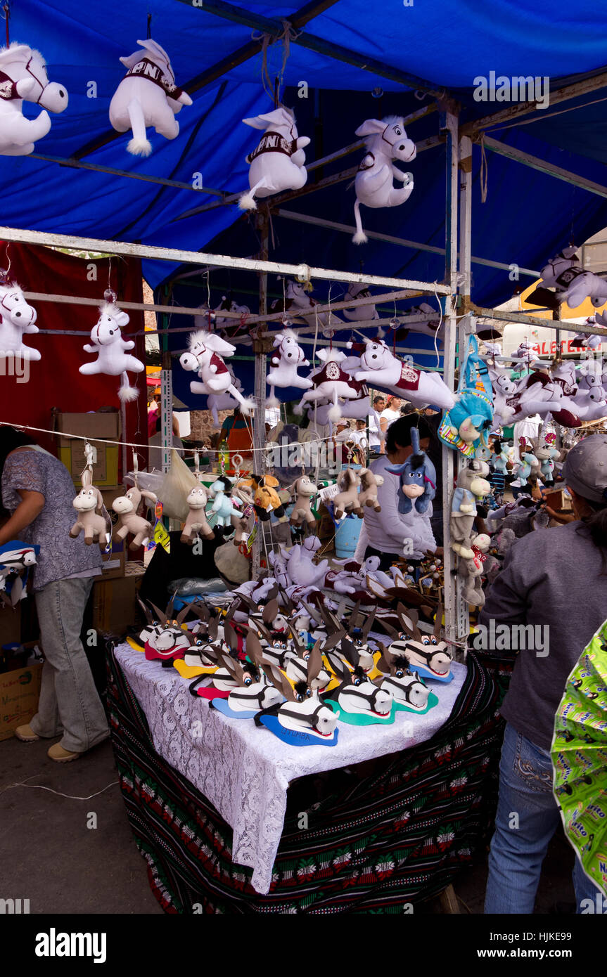 Stand selling donkey souvernirs during the Donkey fair in Otumba, Mexico Stock Photo