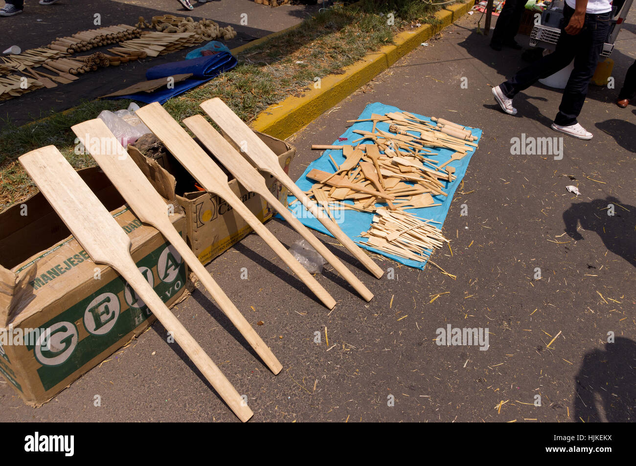Wooden kitchen utensils sold at a Mexican market Stock Photo
