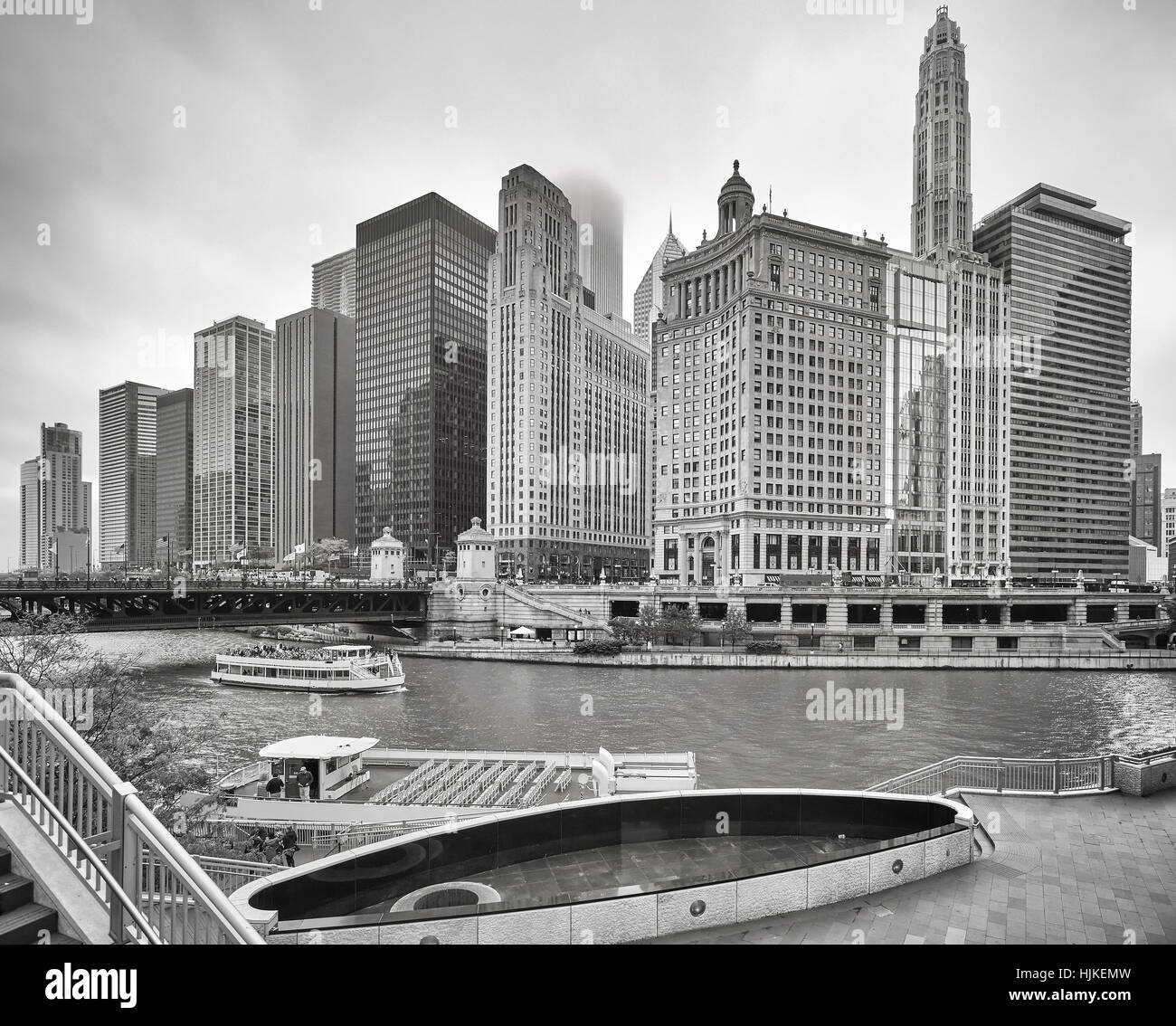 Black and white picture of Chicago downtown on a foggy day, USA. Stock Photo