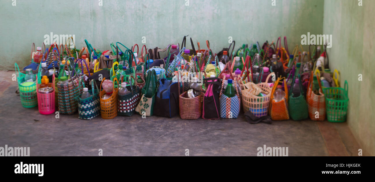 photograph of a collection of school children's lunch boxes in Indian