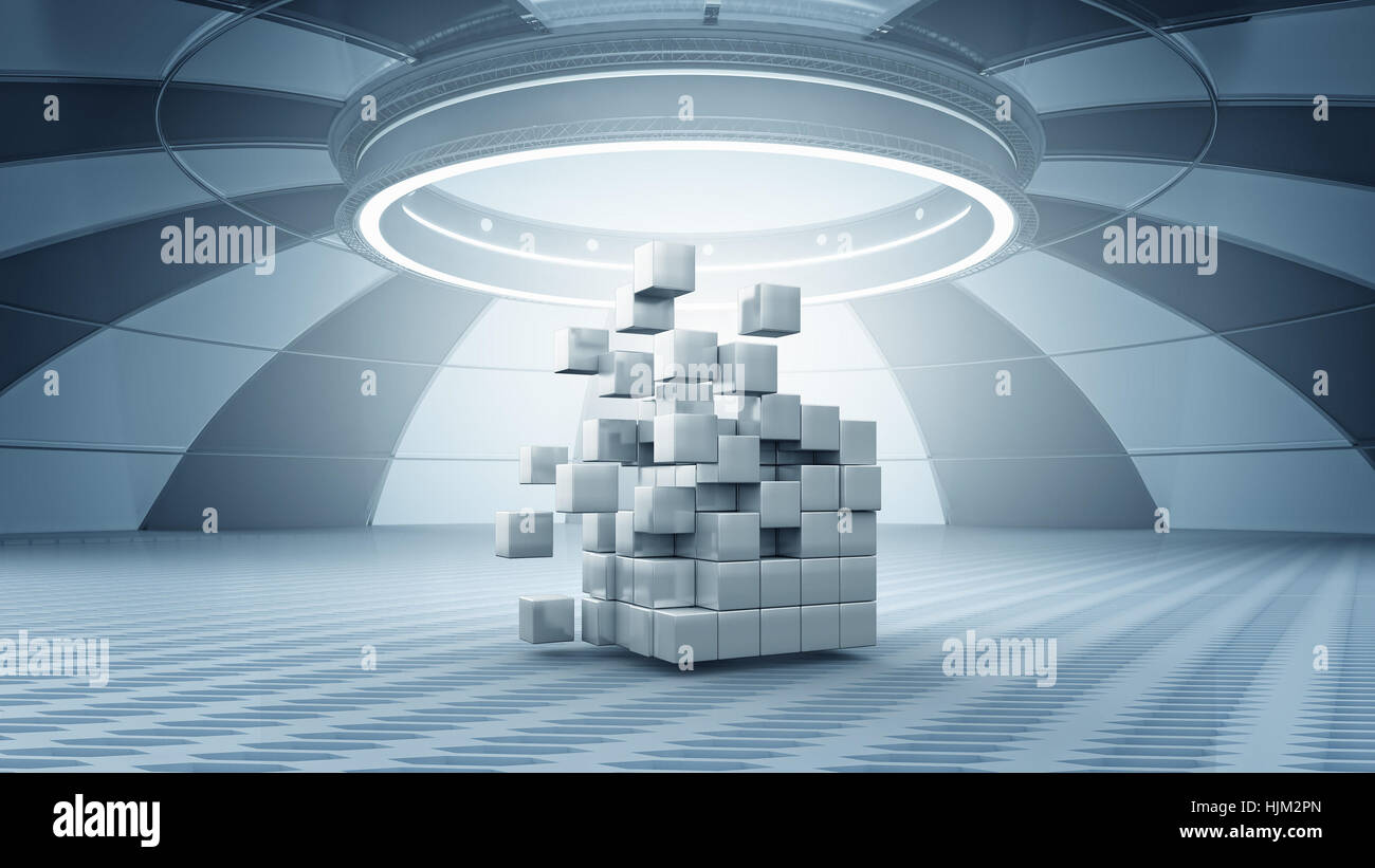 Abstract cube in futuristic room as innovative virtual interior design ...