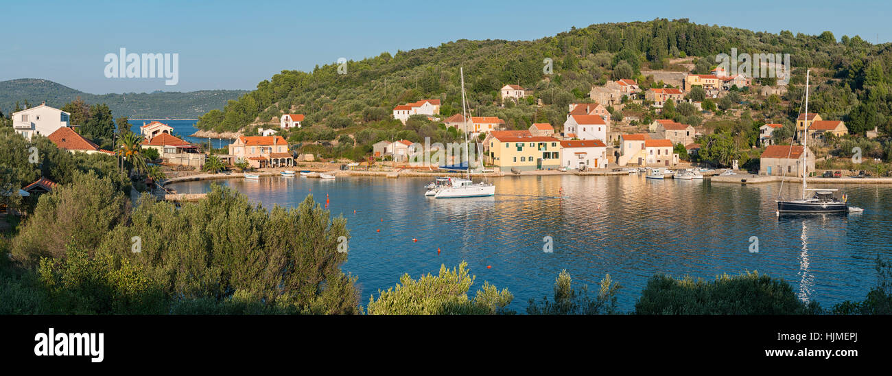 Croatia, Rava Island, view to bay of Mala Rava with moored sailing boats Stock Photo