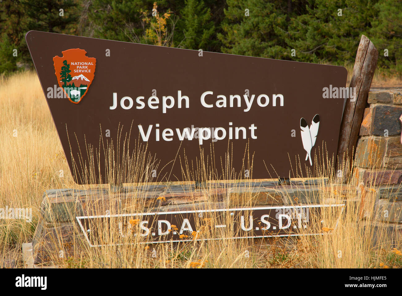 Joseph Canyon Viewpoint entrance sign, Wallowa-Whitman National Forest, Nez Perce National Historical Park, Oregon Stock Photo