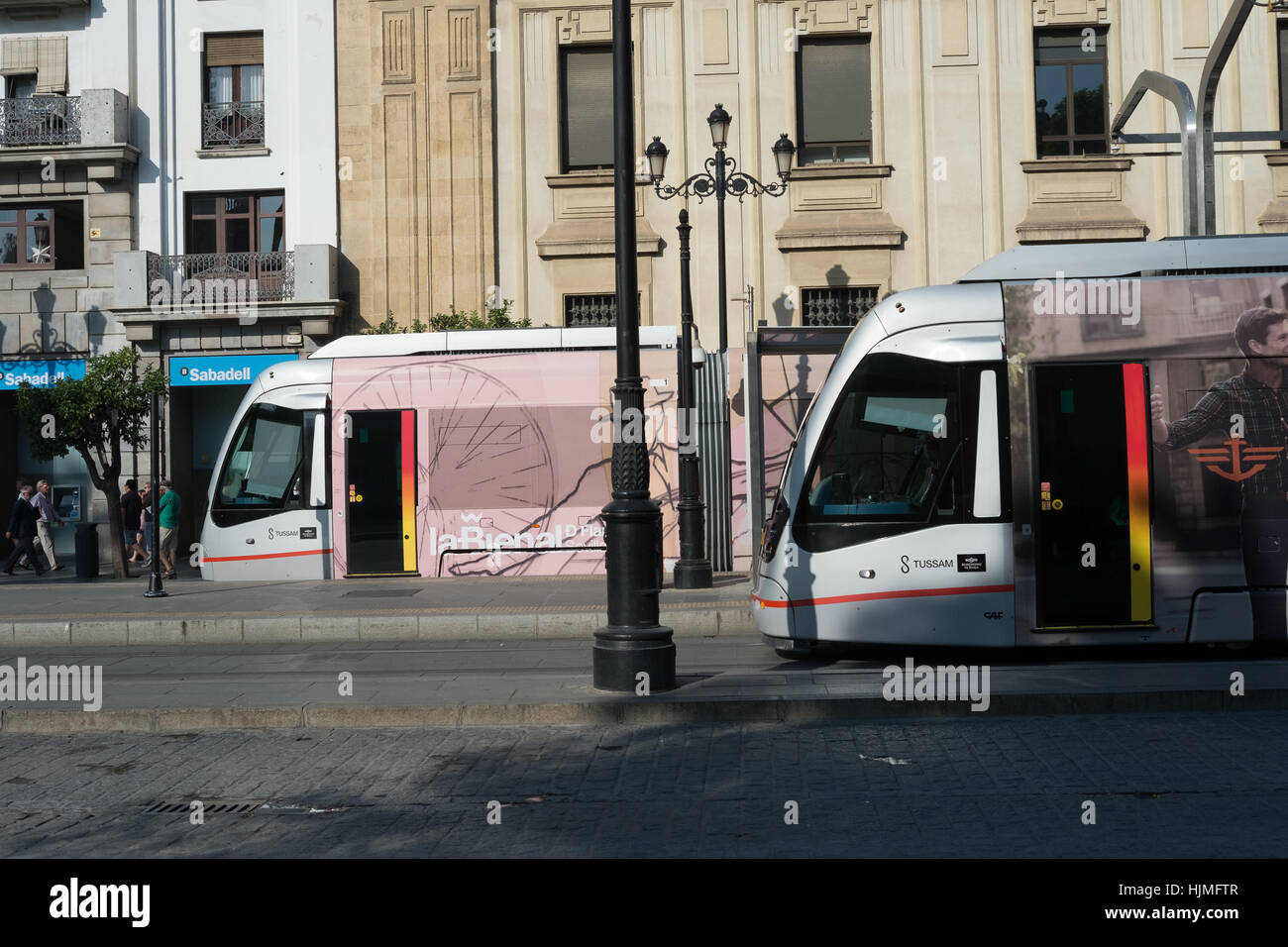 Tram stop on the Ave de la Constitucion,Seville,Andalusia,Andalucia, Spain Stock Photo