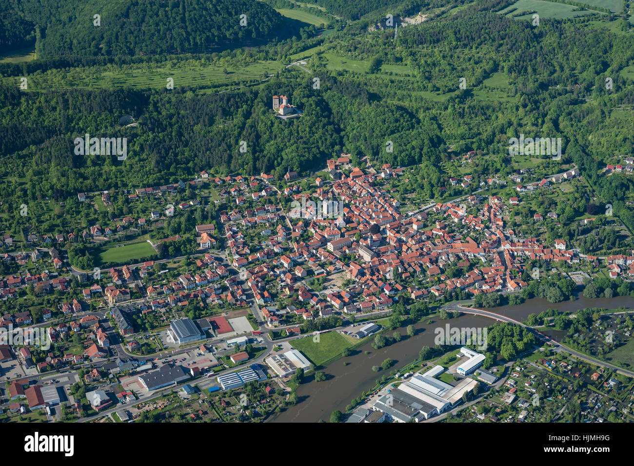 Germany, Treffurt, aerial view of the city with Normannstein Castle Ruin Stock Photo