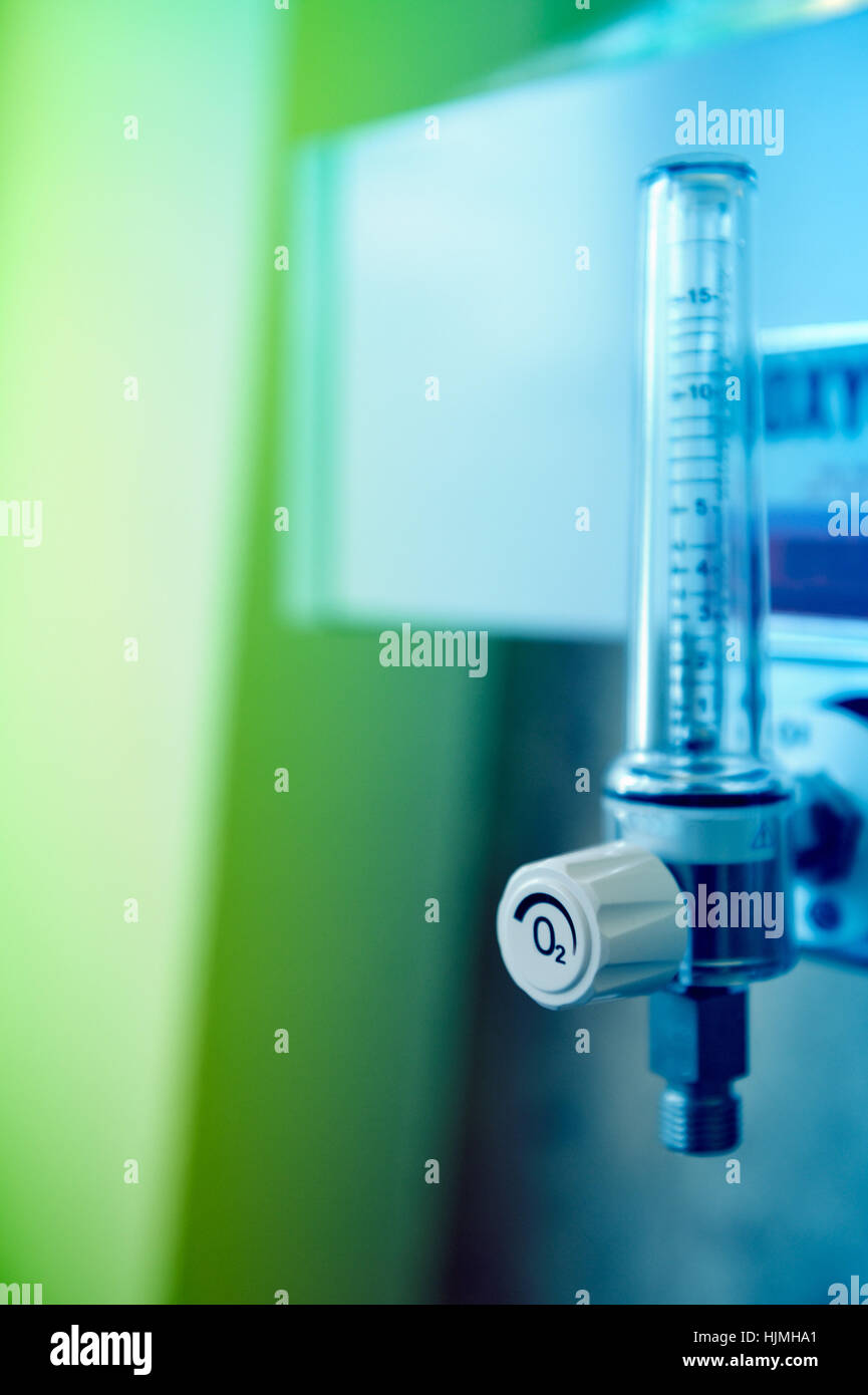Wallmounted closeup of oxygen flow meter oxygen in a hospital room