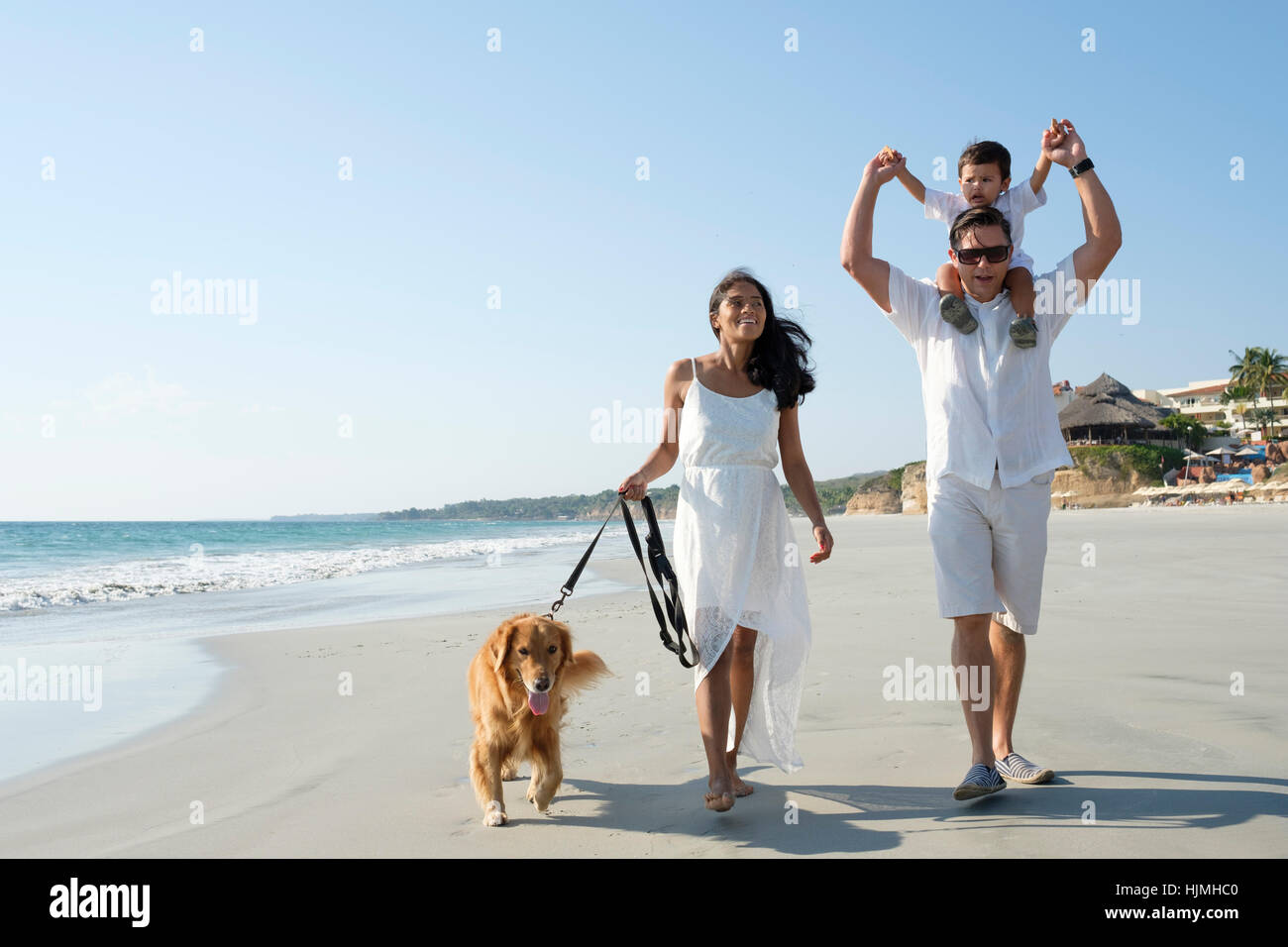 Family walking on the beach with dog Stock Photo Alamy