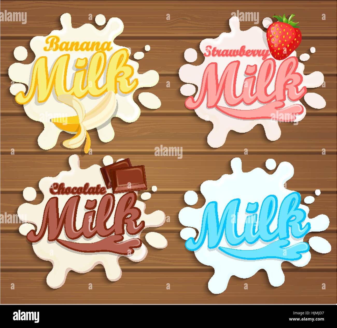 Chocolate, Banana, Strawberry milk labels splash. Blot and lettering on a wooden background. Vector illustration. Stock Vector