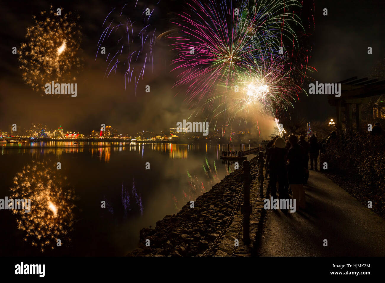 Canada's 150 Year birthday celebration fireworks on New Year's Eve2016-Victoria, British Columbia, Canada. Stock Photo