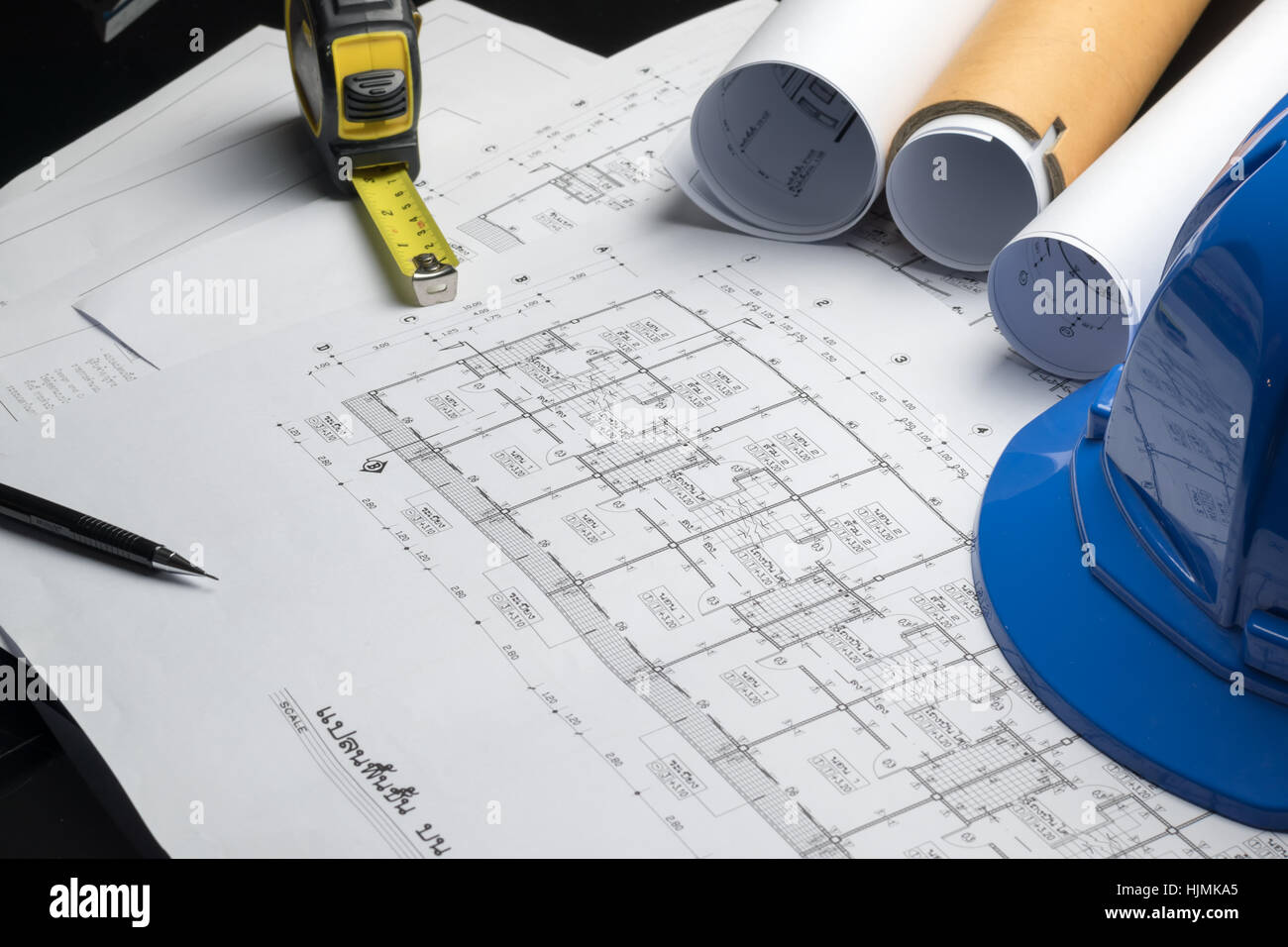 engineering diagram blueprint paper drafting project sketch architectural,selective focus. Stock Photo