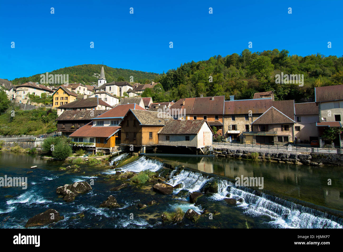 village of Lods in the Franche Comté. One of the 100 most beautiful villages in France, located at the Loue river Stock Photo