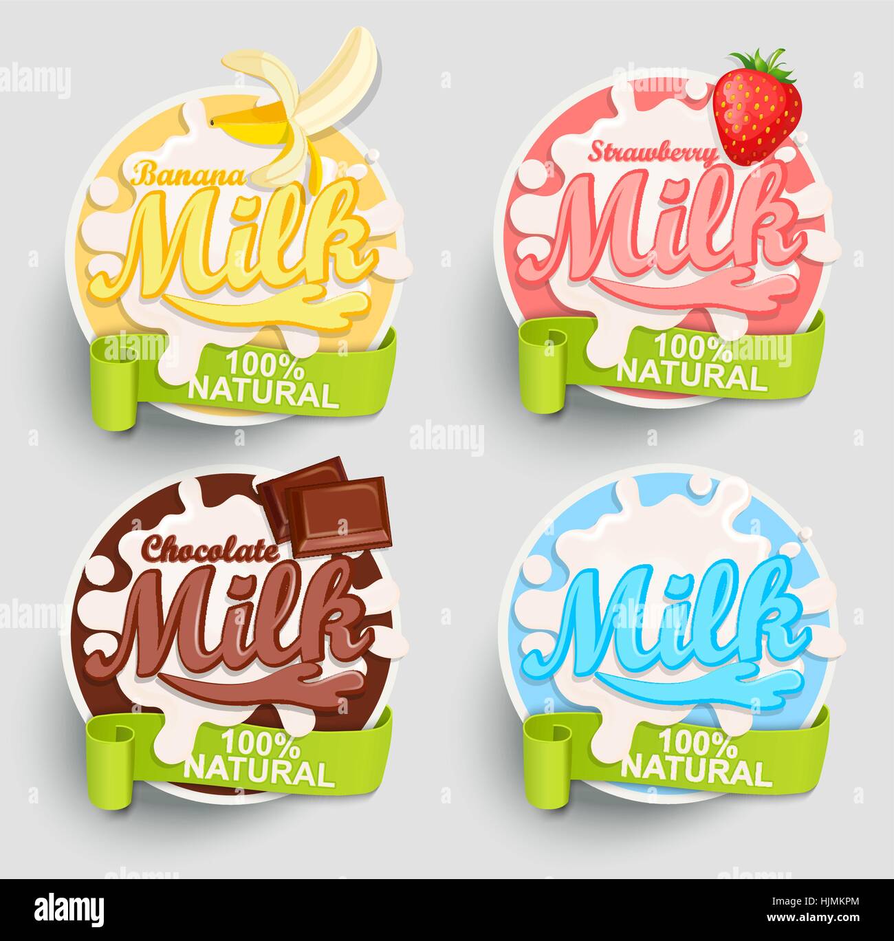 Chocolate, Banana, strawberry milk labels splash. Blot and lettering with ribbon on blue background. Splash and blot design, shape creative vector. Stock Vector