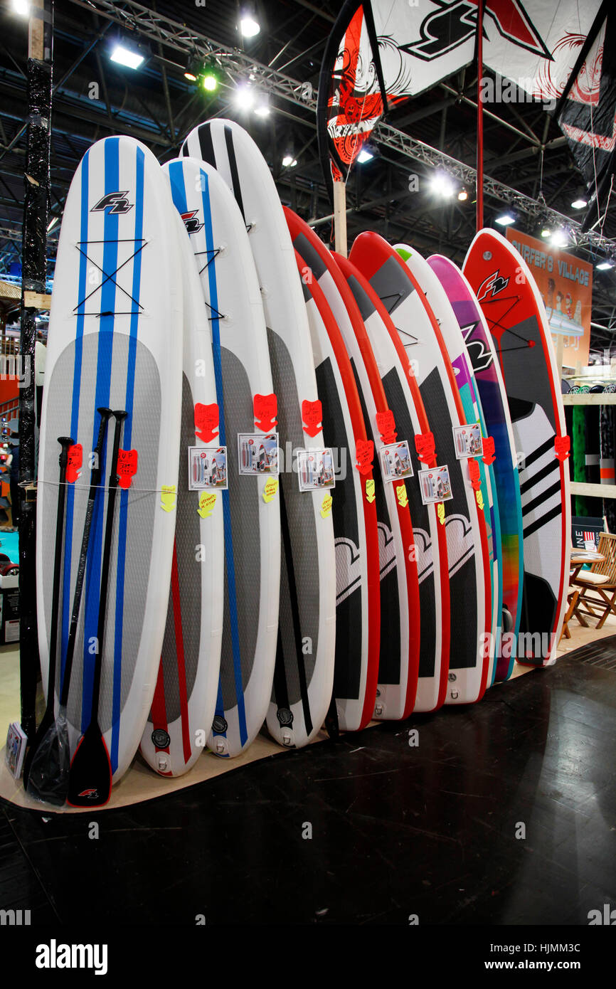 boot Duesseldorf 2017 - the worlds biggest yachting and water sports exhibition. SUP-boards for sale at the trade fair. Stock Photo