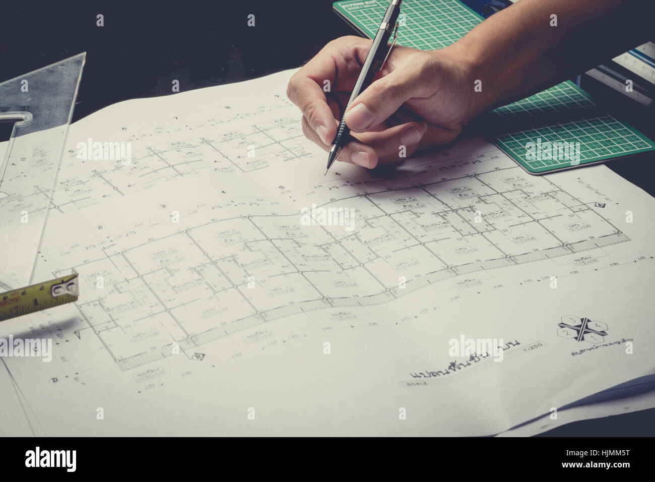 engineering diagram blueprint paper drafting project sketch architectural,selective focus,vintage filter. Stock Photo
