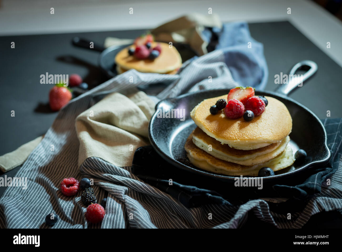 pancake with fresh fruit and berry stack on pan fot breakfast bakery ...