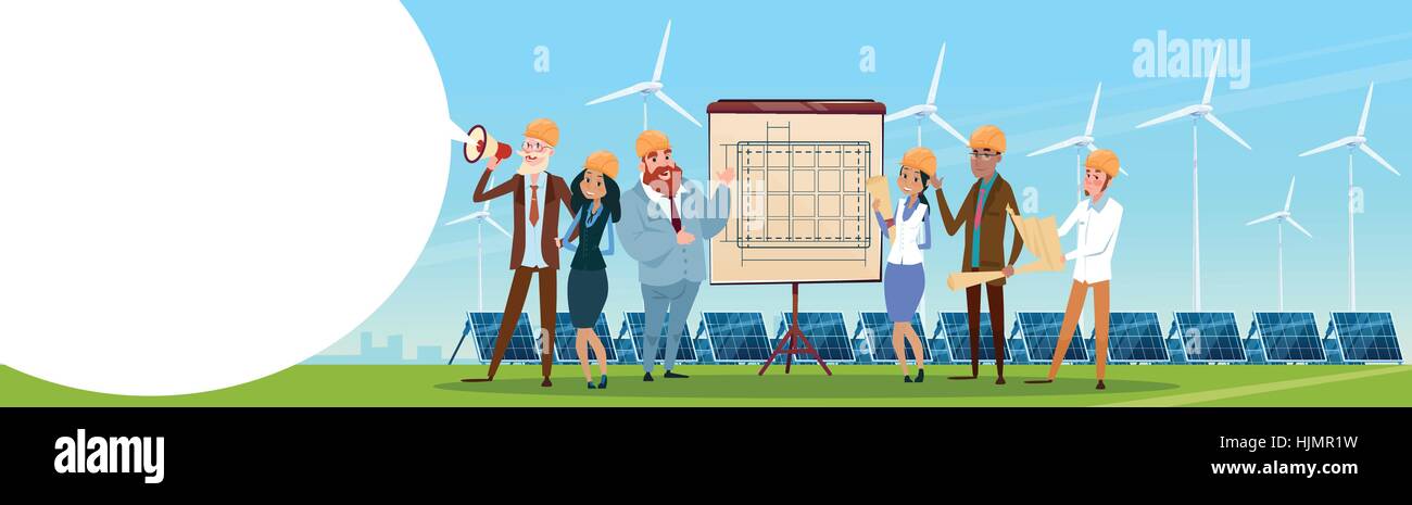 Business People Group Wind Turbine Solar Energy Panel Renewable Station ...
