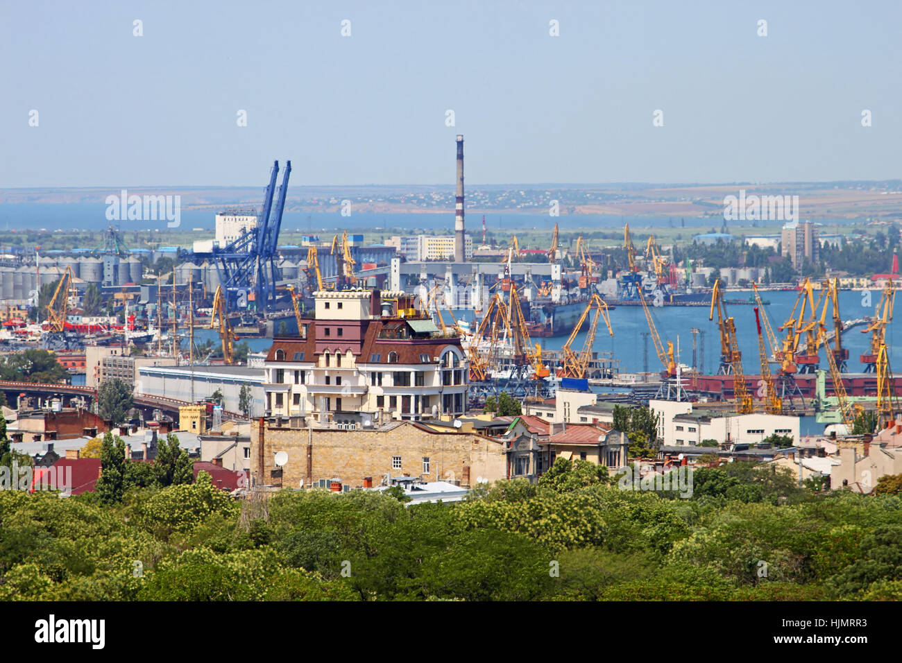 Cargo crane and grain dryer in port Odessa, Ukraine Stock Photo